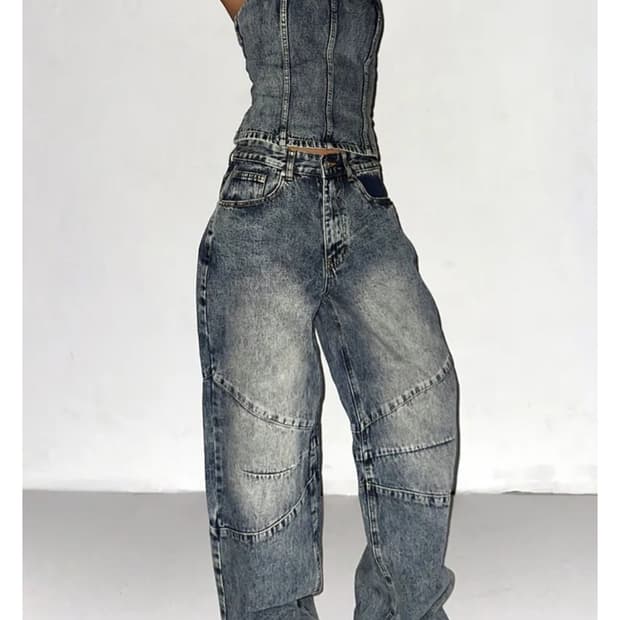 인디스하우스 컷아웃 절개 데님 와이드팬츠