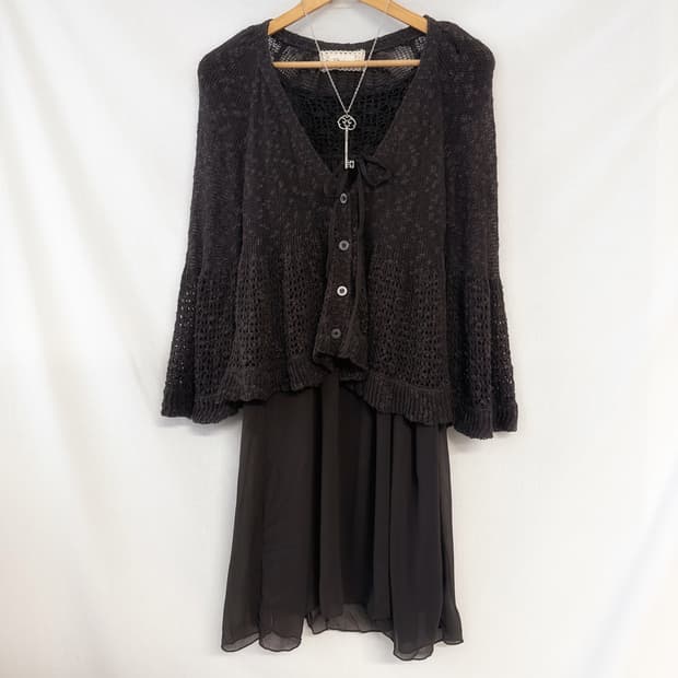 러플 슬리브 시폰 모티브 넥 가디건 원피스 2pcs SET