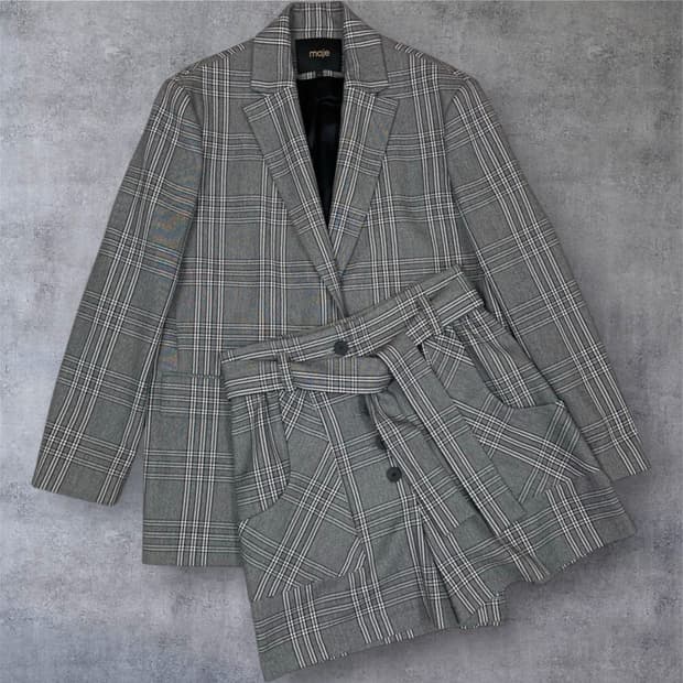 마쥬 Maje 그레이 체크 블레이저 하이웨스트 반바지 셋업 38