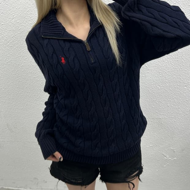 폴로 랄프로렌 레드포니 네이비 꽈배기 니트집업 M
