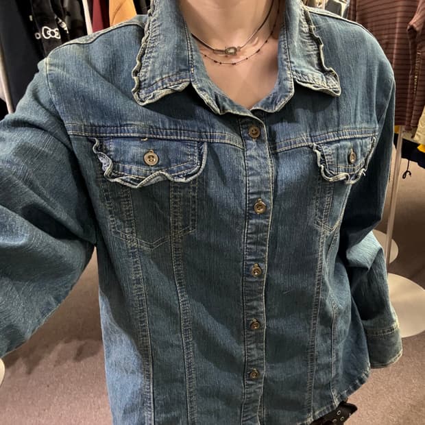 3L)Japanese vintage 여성 프릴 디테일 데님 셔츠