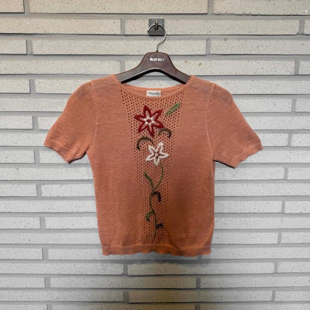 JPN VINTAGE 니트 반팔 플라워 자수 디테일 핑크
