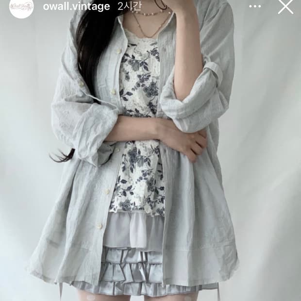 오월 빈티지 장미 자수 민트 하늘 셔츠 모리걸