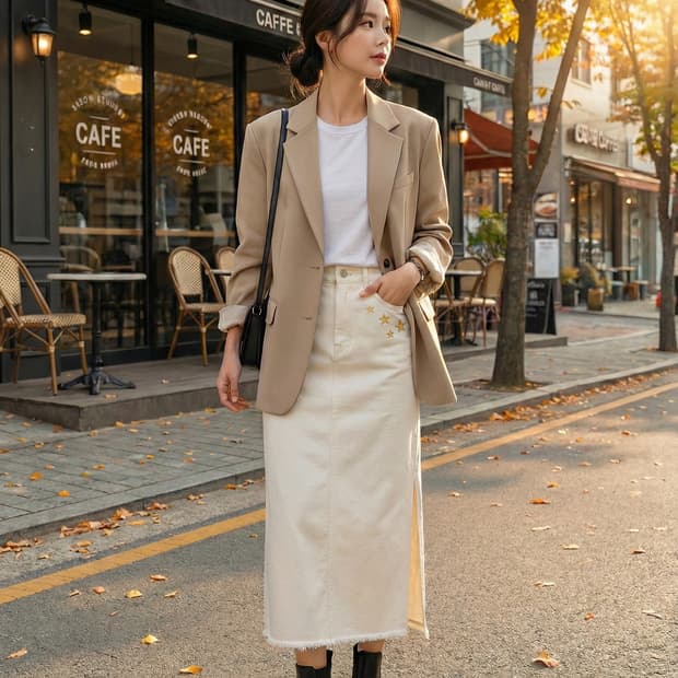 더 에디터(THE EDITOR) 별 자수 화이트 데님 롱 스커트