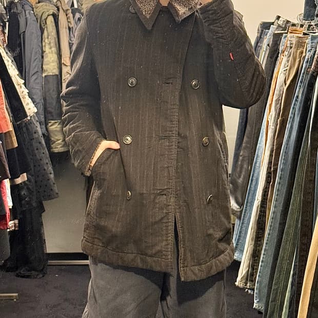 리바이스 헤링본 스트라이프 데님 쉐르파 트러커 더블 피코트 부클 양털 M