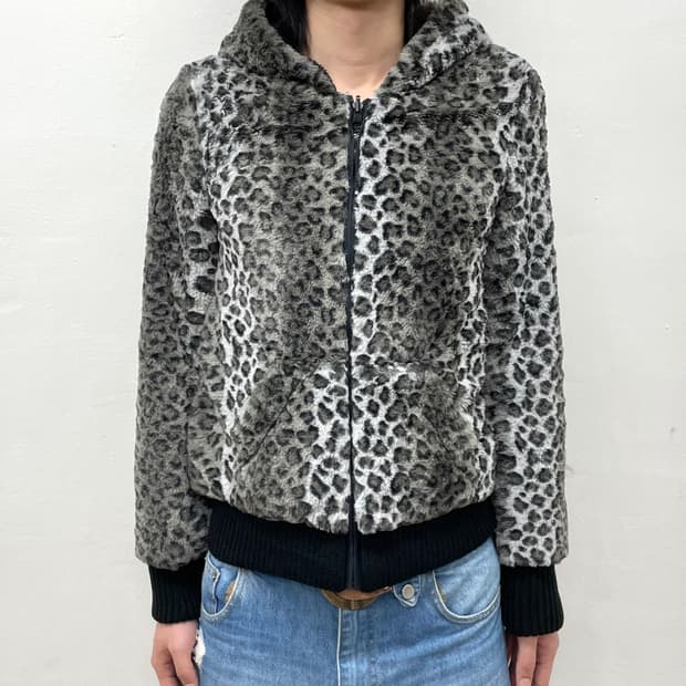 Grey Leopard Fur Reversible Hooded Zip-U
