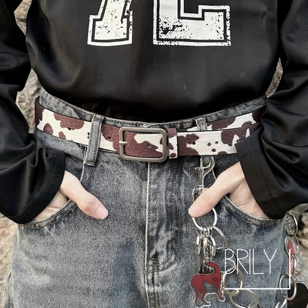 [Unisex] PONY 카우헤어 레오파드 호피 송치털 가죽 벨트 크림