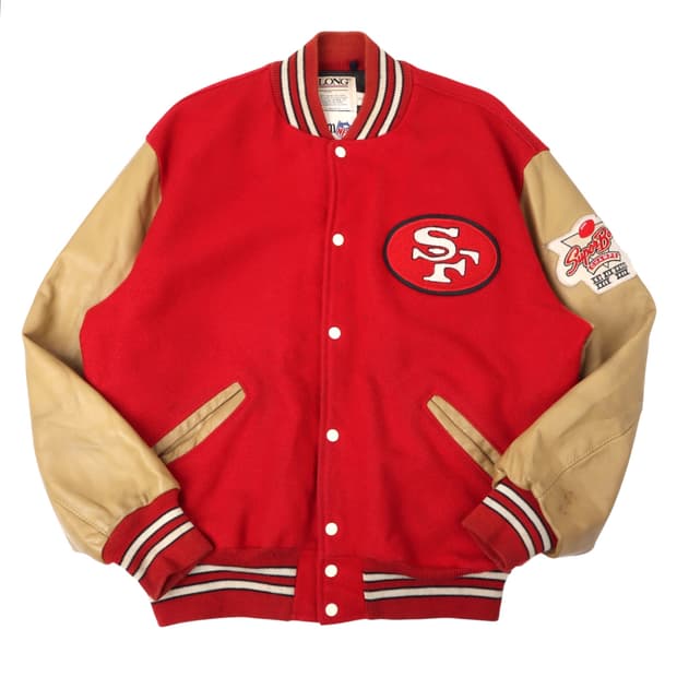 90s DeLong X NFL 포티 나이너스 레더 바시티 자켓