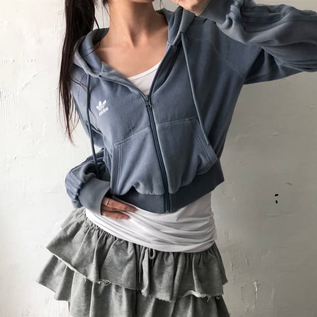 Adidas 아디다스 뮤트블루 컬러 테리 크롭 후드집업