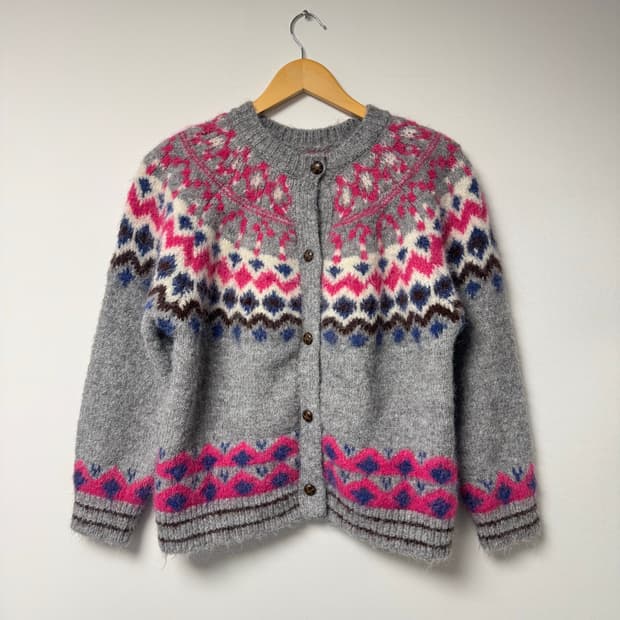 빈티지 그런지 노르딕 패턴 알파카 울 그레이 가디건 M