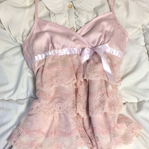 빈티지 히메갸루 코디셋 복숭아 핑크 레이스 리본 슬리브리스 프릴 블라우스