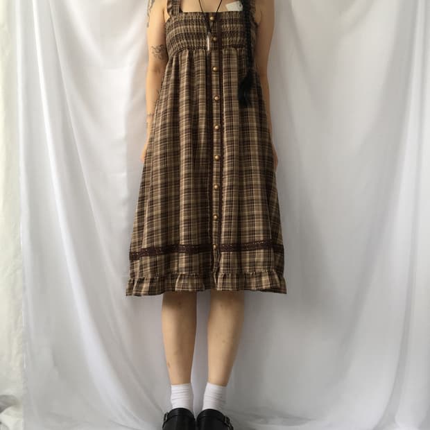 Lace trimming check pattern onepiece
