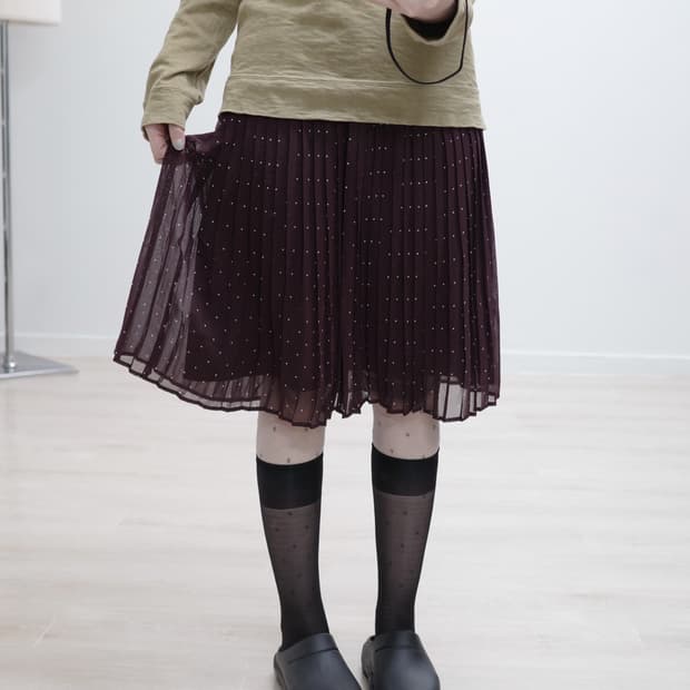 Wine dot pleats Skirt