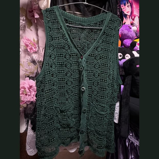 딥그린 크로셰 니트 베스트 조끼 모리걸 히피 빈티지