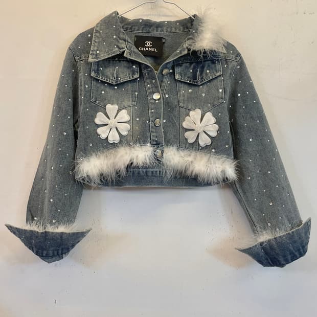 희귀템 플라워 큐빅 데님자켓 청자켓 숏자켓 크롭자켓