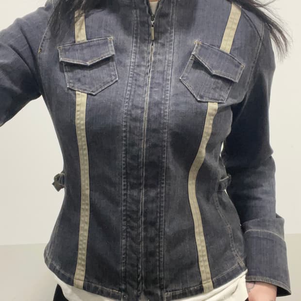 Jpn Chris montez 하이넥 사이드 신치백 슬림핏 데님자켓