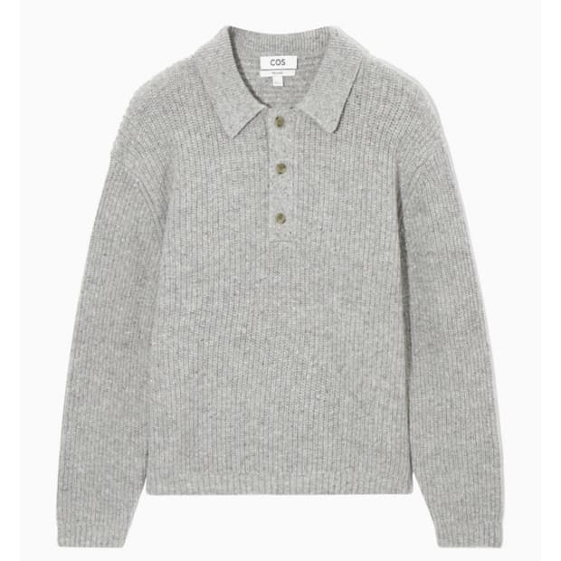 COS 리브드 울 캐시미어 블렌드 폴로 셔츠 라이트 그레이 멜란지 XS