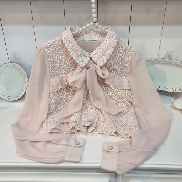 리즈리사 레이스 블라우스 핑크 리본 프릴
