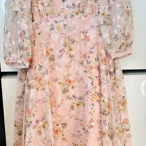 핑크 플라워 쉬폰 롱 원피스
