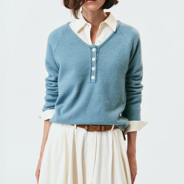 리볼드 버튼 브이넥 니트 블루