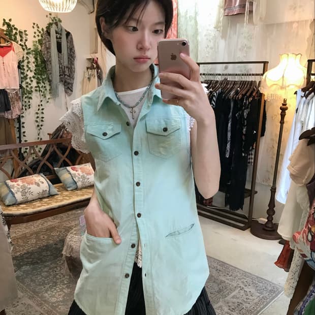 (상의 세트) 세실맥비 민트 카라 버튼 베스트 자켓 + 레이스 블라우스