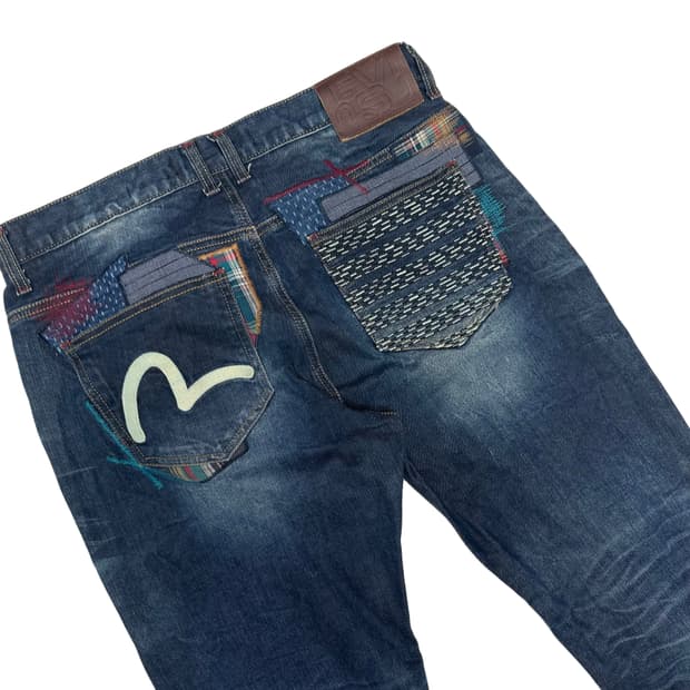 에비수 슬림 스트레이트 백로고 패치워크워싱데님진 34