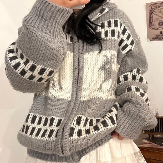 빈티지 노르딕 코위찬 니트 후드집업