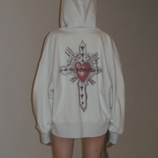 Beaded Saint Hoodie Zip-Up Dirty White