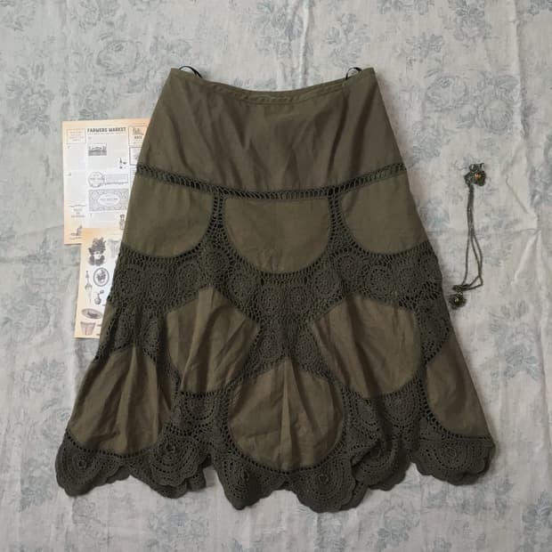 jpn vintage khaki crochet long skirt