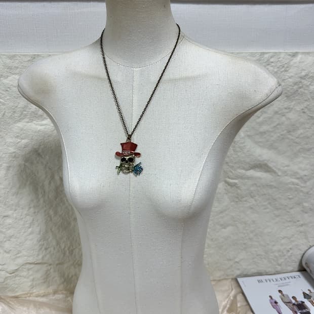 빈티지 에나멜 황동 해골 플라워 목걸이