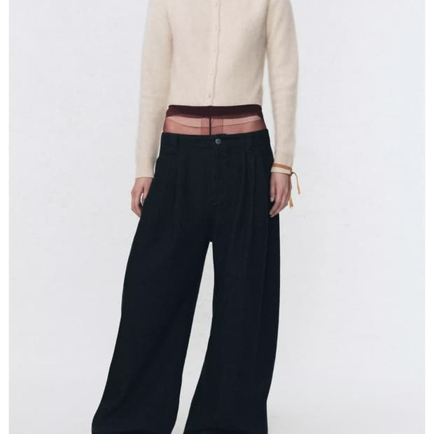 자라 와이드 레그 블랙 플랫 프론트 진 데님팬츠 34