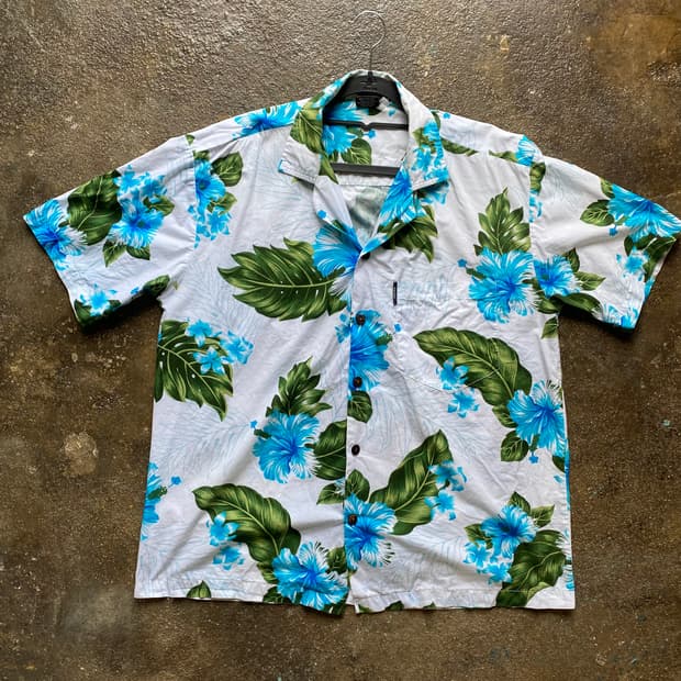 빈티지 하와이안 셔츠 흰색 파란색 꽃무늬 반팔