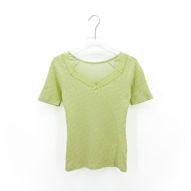 빈티지 파스텔 네온 그린 레이스 반팔티셔츠