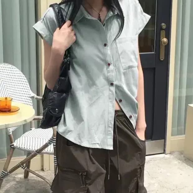 원더원더 리엇 코튼 캡소매 롤업 반팔 남방 셔츠 민트