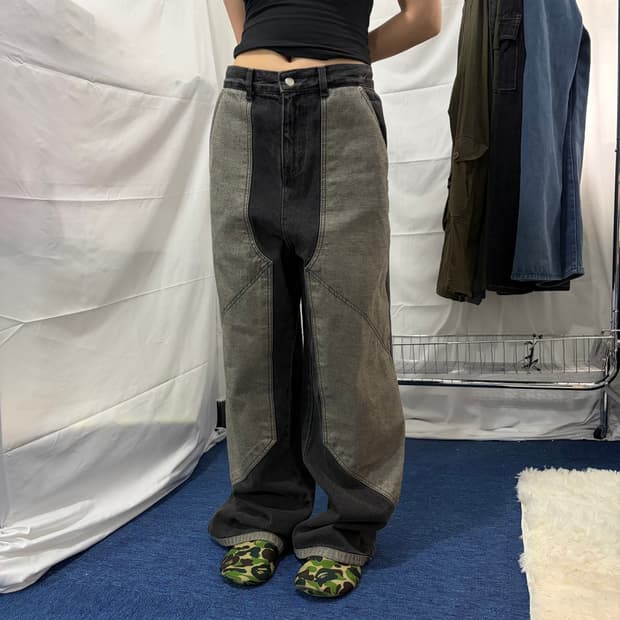 투톤 패널 와이드 데님 팬츠