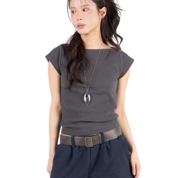 릿킴 보트넥 슬림핏 반팔 티셔츠 네이비