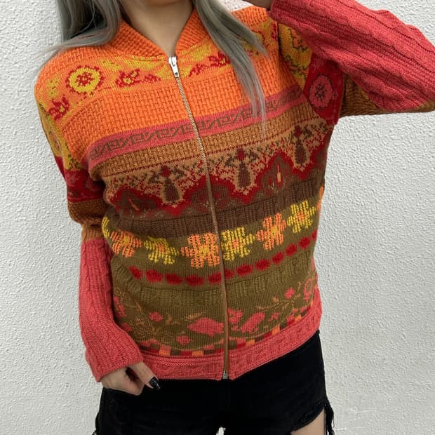 오일릴리 오렌지 에스닉패턴 니트 집업 L