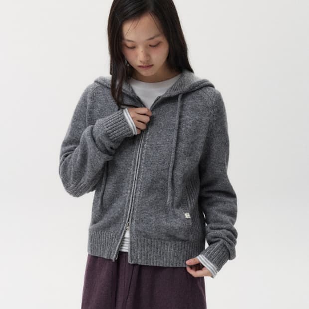 오헤시오 립드 니트 후드집업 그레이