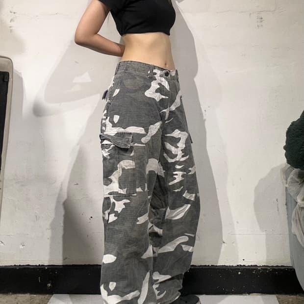 빈티지 그레이 카모 와이드 카고 팬츠 XL
