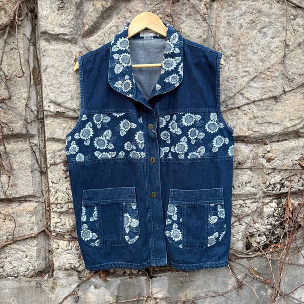 해바라기 패턴 오버핏 모리 보헤미안 빈티지 청조끼 데님 베스트