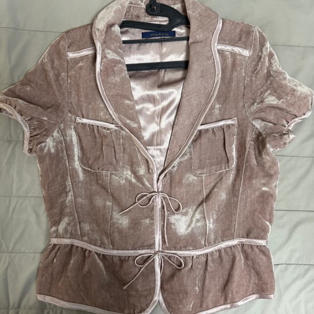 벨벳 리본 핑크 카라 가디건