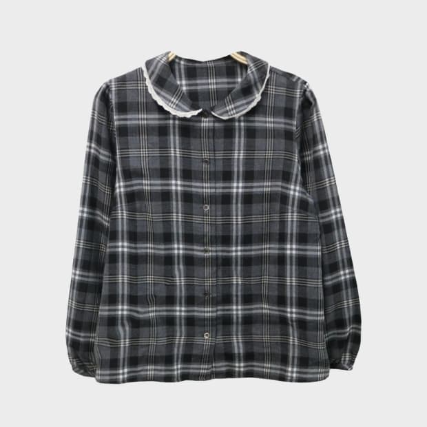 BON MERCERIE 레이스 넥 체크 블라우스 61641