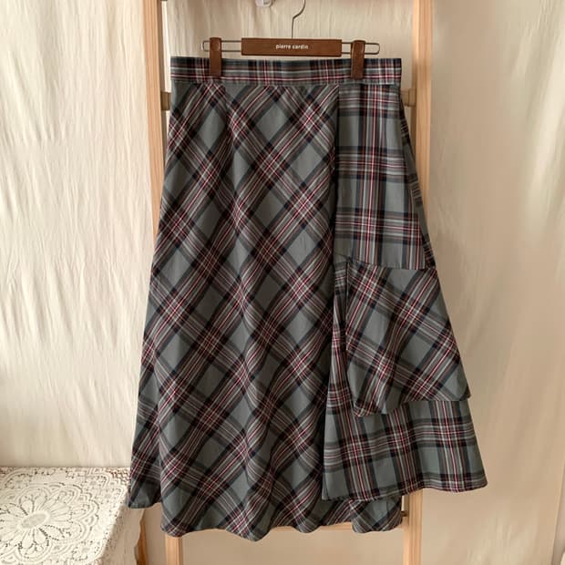 빈티지 언발 셔링 체크 롱스커트