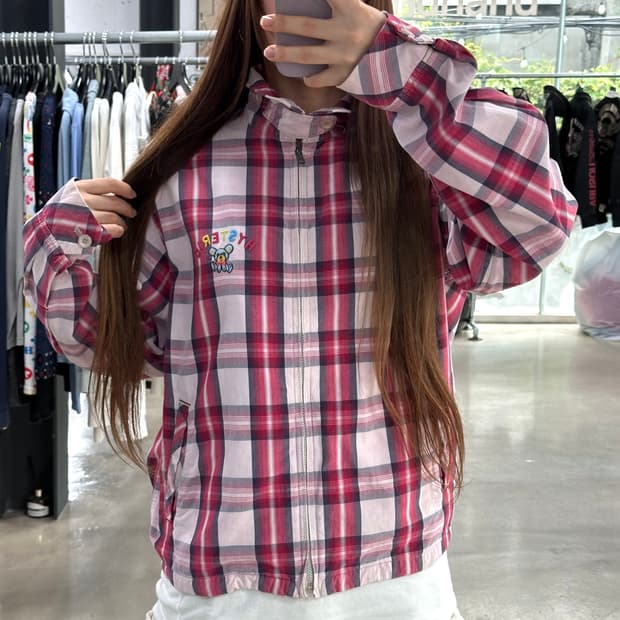 히스테릭글래머 너드체크 자수로고 넥버클자켓