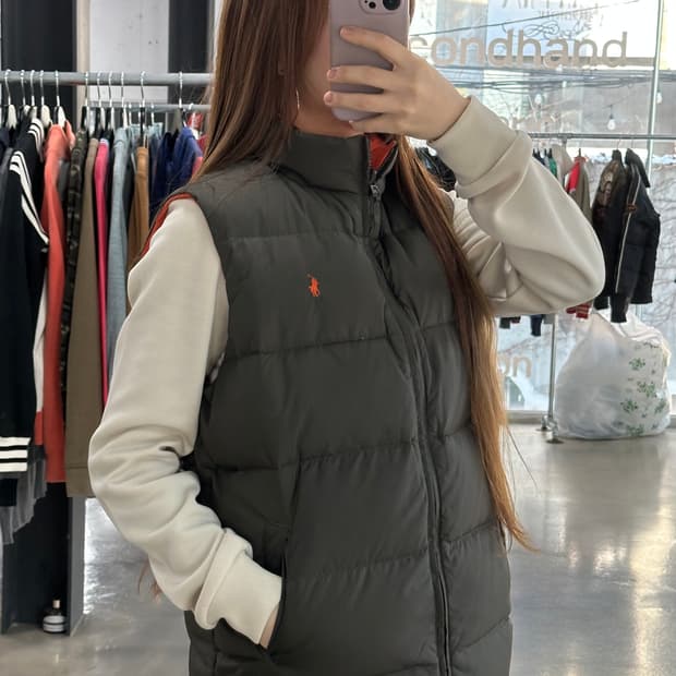 폴로랄프로렌 리버시블 패딩 베스트 카키 오렌지