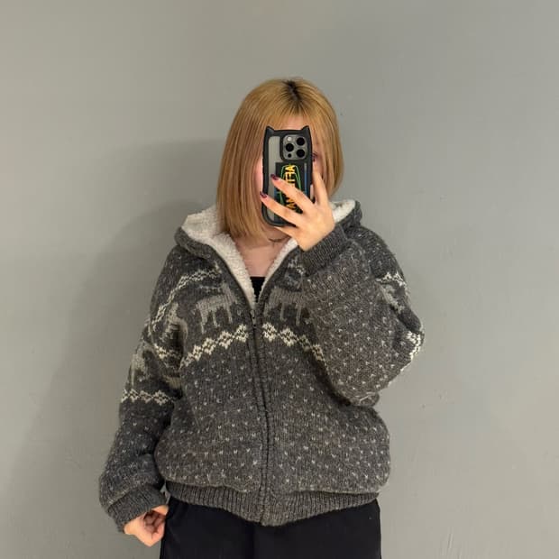 nordic pattern sherpa knit hood zip-up