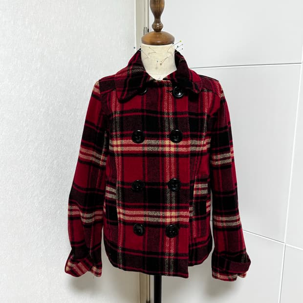 레드 체크 코트 캐캐체 아무깔 숏코트