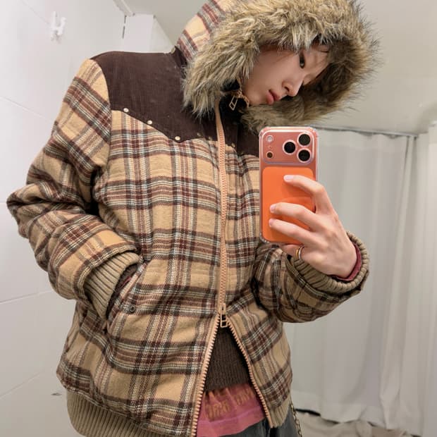 빈티지 브라운 체크 웨스턴 디테일 퍼 패딩 자켓