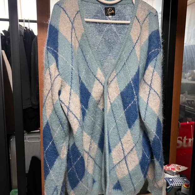 니들스 모헤어 가디건 아가일 블루 XL