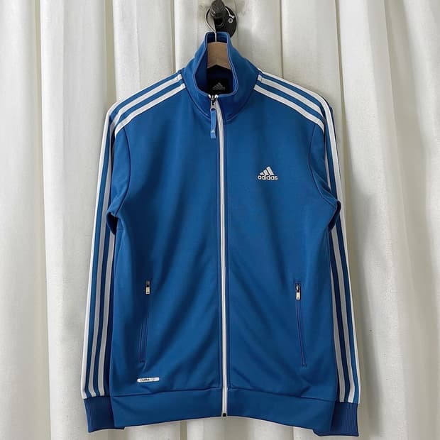 아디다스 블루 화이트 삼선 트랙탑